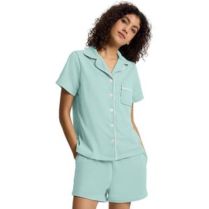 Conjunto de pijama de algodón para mujer, de manga corta, con botones, de punto gofrado, pantalones cortos, ropa de dormir, ropa de casa, ropa de noche - Product Image 1