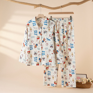 <b>Cute</b> Pajama Set For Women Long Sleeves Loose Fit Cotton Sleepwear Spring Autumn Wearable Outdoors Home Use - Product Image 5