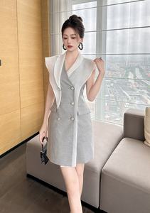 OUDINA di nuovo alla moda doppio petto <span class=keywords><strong>grigio</strong></span> contrasto Casual elegante donna corta abiti eleganti <span class=keywords><strong>abito</strong></span> Blazer <span class=keywords><strong>abito</strong></span> - Product Image 3