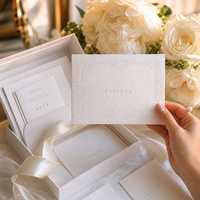 Suite d'invitations de mariage personnalisées de luxe en typographie à l'encre vive, gaufrées à sec, motif floral, en papier coton, découpées avec doublure d'enveloppe et carte RSVP