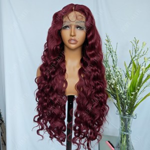 <span class=keywords><strong>Parrucche</strong></span> <span class=keywords><strong>sintetiche</strong></span> KEMY Hair Egg Curl color bordeaux, 28 pollici, lunghe, con onde morbide, con frontale in pizzo HD, senza colla, per donne di colore. - Product Image 4