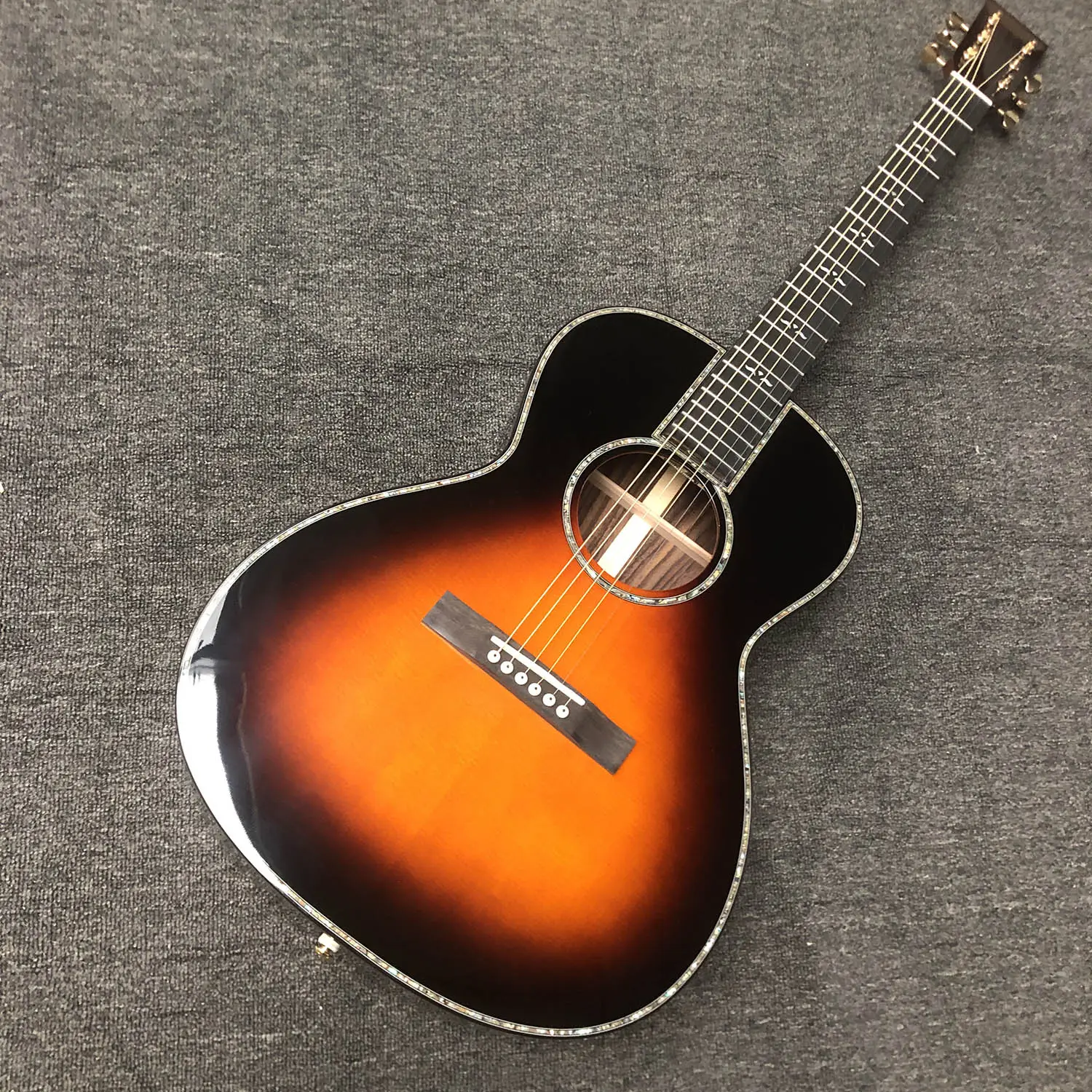 Custom O-VS Body All Solid Wood Acoustic Guitar life Tree Inlay Abalone Ebony Fingerboard Gloss finishing in Sunburst