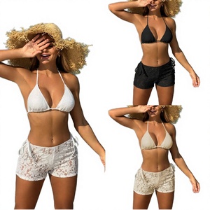 Maillot de bain 3 pièces en dentelle pour femme, 4 couleurs, haut triangle, short brésilien, ensemble de plage - Product Image 3