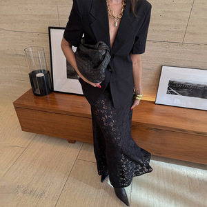 Jupe midi en dentelle pour femme, taille haute, couleur unie, transparente, mode estivale, coupe ajustée, blanc, noir, tissu polyester - Product Image 4