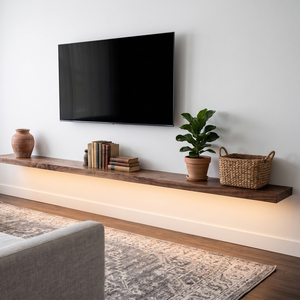 Étagère TV <span class=keywords><strong>flottante</strong></span> en <span class=keywords><strong>bois</strong></span> foncé, style rustique, éclairage chaleureux, décoration en <span class=keywords><strong>bois</strong></span>, grand rangement, banc TV avec supports métalliques - Product Image 2