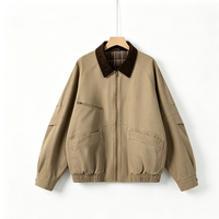 Blouson universitaire décontracté pour homme en sergé tissé kaki avec col en velours côtelé, doublé, à manches raglan, multi-poches, coupe oversize, style vintage, pour le printemps et l'automne, idéal pour le travail