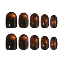 Kuku Akrilik Pendek Buatan Tangan Gaya Musim Gugur Musim Dingin, French Tip Hitam, Oranye Sunset Cat Eye, Glitter Halus, 24 Buah