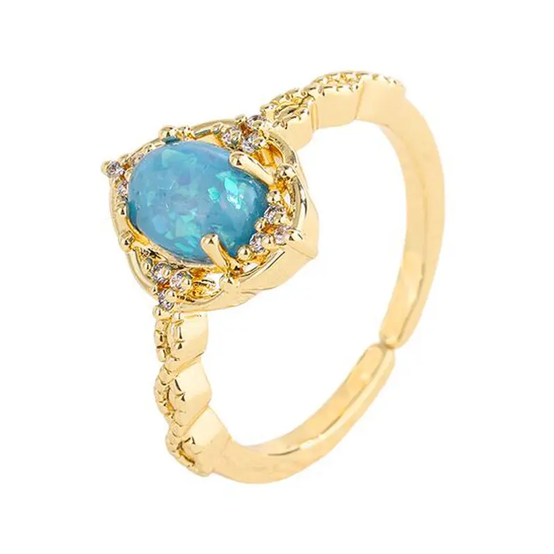 Bague ovale plaquée or, pour femmes, élégante, en forme de couronne opale bleue claire, ajustable, livraison gratuite