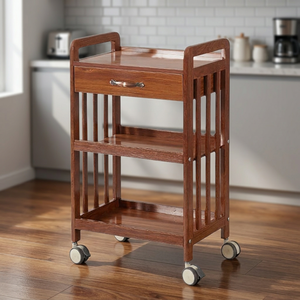 Chariot de salon en bois avec 4 roues et tiroirs de rangement, design moderne pour salle de bain, bar à domicile et usage commercial - Product Image 2