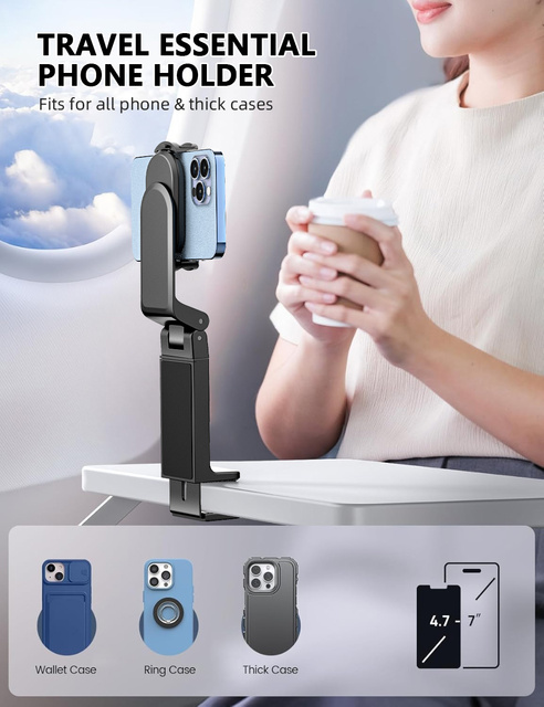 Travel Essentials Foldable Airplane Phone Holder for Desk Tray Table 360° Rotation Adjustable Phone Mount for 4.7-7 Inch Phones