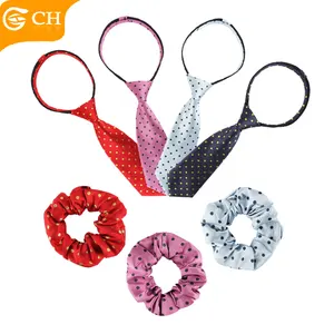Custom Lovely Dots Elastic Hair Ring Zip Tie Set Adjustable Girls Polyester Hair Band Zipper Necktie Set for Gift