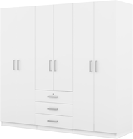 Armoire en bois blanche à 6 portes, armoire de chambre à coucher avec grands tiroirs, penderie avec barres de suspension, armoire de rangement pour vêtements