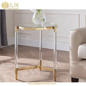 Contemporary Modern Furniture Antique Brass Metal Round Tempered Glass Top Existential Side Table
