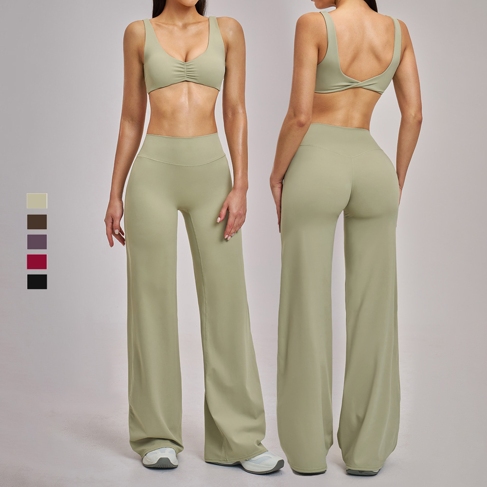 Custom Eco-Friendly Recycled 4-Way Stretch Gym Fitness Sports Bra Wide Leg Yoga Pant High Waist Flared Workout Leggings Yoga Set