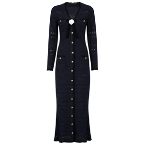 Nuovo Abito Lungo <span class=keywords><strong>in</strong></span> <span class=keywords><strong>Maglia</strong></span> alla Moda per Donne: <span class=keywords><strong>Maniche</strong></span> <span class=keywords><strong>Lunghe</strong></span>, Traforato, Scollo a V Bicolore con Bottoni Dorati, <span class=keywords><strong>Vestito</strong></span> Retrò da Festa - Product Image 3