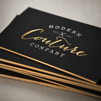 Carte de visite en coton noir épais 600 g/m², bords en feuille d'or véritable, gaufrage, vernis sélectif UV, logo personnalisé, marquage à chaud