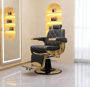 Sillón de Barbería de Lujo Negro y Dorado con Costuras de Diamantes, Respaldo Reclinable Ajustable y Base Hidráulica para Uso en Barberías - Product Image 4