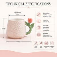 Tasse à café en porcelaine peinte à la main, finition nacrée, avec anse florale, en céramique texturée, 301-400 ml, cadeau pour la maison ou le bureau