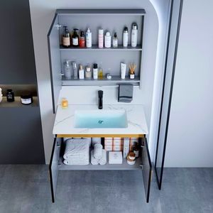 Mobile Bagno di Lusso Moderno Sospeso con Specchio e Lavabo Integrato in Alluminio - Product Image 4