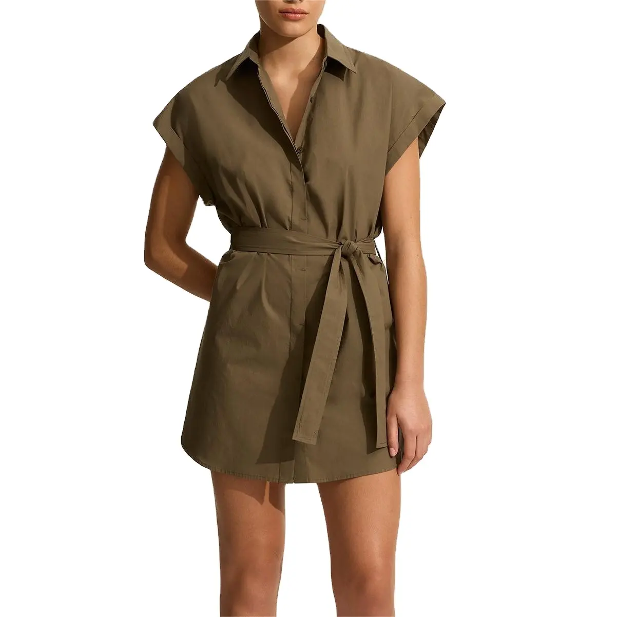 Çıkarılabilir kemer ile kadın casual yaz keten elbise Mini kolsuz gömlek elbise