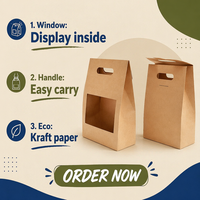 Sac à emporter en papier kraft de luxe écologique et durable avec poignée découpée et fenêtre personnalisable pour café, salon de thé, emballage de bouteilles de bière