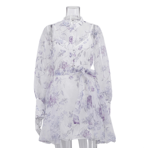 <span class=keywords><strong>Abito</strong></span> Estivo da Donna con Stampa Floreale, Maniche Lunghe in <span class=keywords><strong>Organza</strong></span> e Cintura, con Top Interno a Canotta - Product Image 4