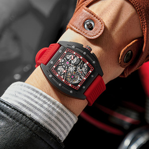 LIGE Mechanical Skeleton Watch 44MM Luminous Black Red <b>Silicone</b> Strap Men's Automatic Wristwatch <b>Waterproof</b> Sport Design - Product Image 2