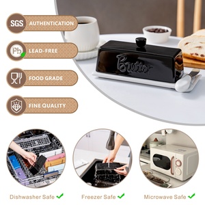 Beurrier en porcelaine noire de luxe avec couteau, récipient de rangement pour le fromage, compatible lave-vaisselle, design moderne, motif végétal pour restaurant - Product Image 5