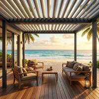 Pergola en aluminium de haute qualité à quatre poteaux, toit à persiennes plates, cadre anti-corrosion, quincaillerie en alliage d'aluminium, pour piscine et complexe hôtelier