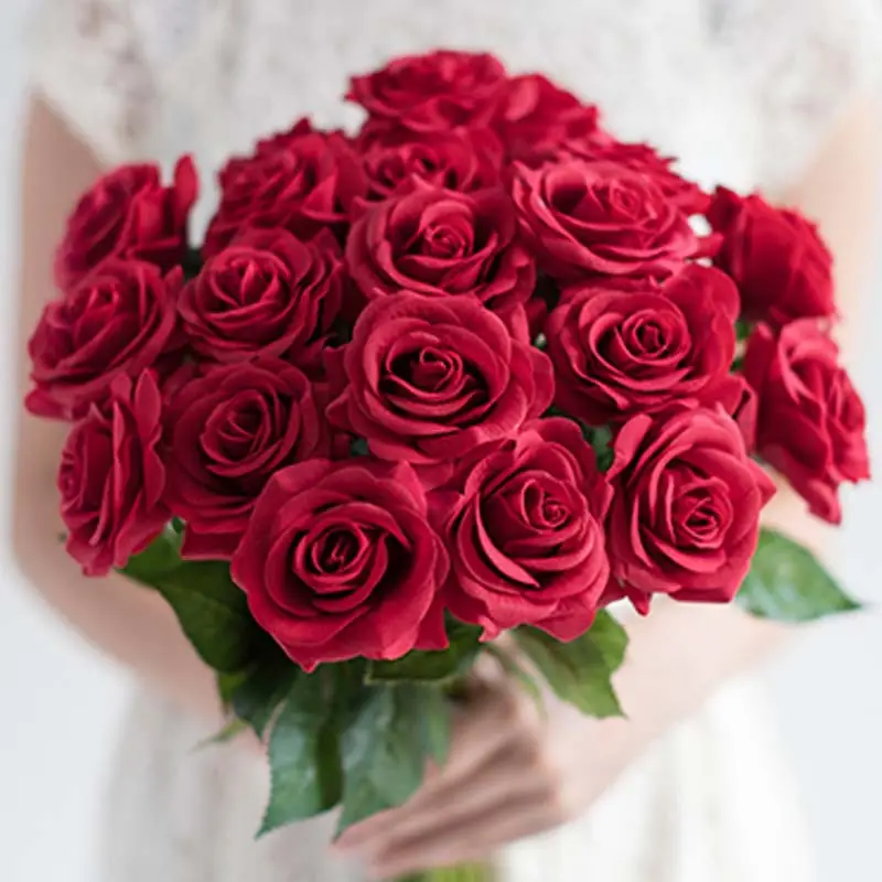 פרח אדום עלה PU נדל מגע אחד אדום עלה פרח ורדים דקורטיבי & זרי חתונת בית תפאורה