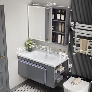 ตู้ห้องน้ำสีเทาเข้มสุดหรู ตู้กระจกอัจฉริยะพร้อมพื้นที่จัดเก็บ อ่างล้างหน้าสีขาวแบบติดผนัง - Product Image 3