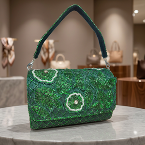 Elegant <b>Green</b> Beaded Eco-Friendly 100% Eco-Friendly Clutch Handmade <b>Evening</b> Party <b>Bag</b> with Pearl Detailing - Product Image 3