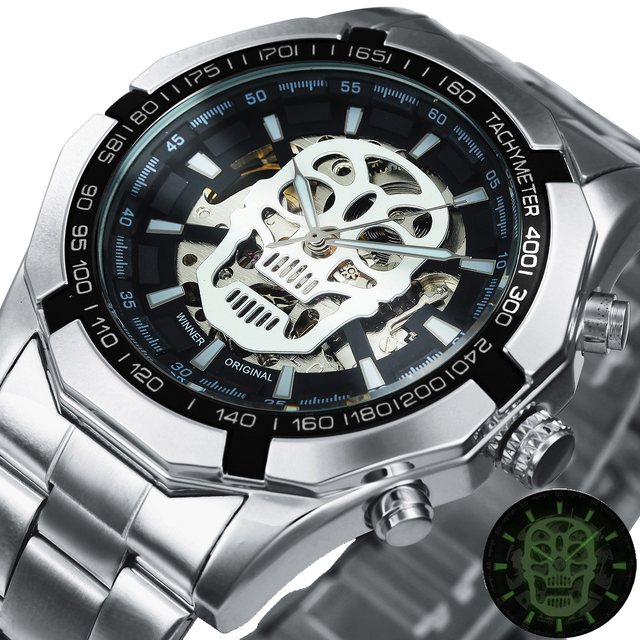 WINNER Classic WRG8154 Automatic Watch for Men Luminous Dial Sports Skull Skeleton Mechanical Watches Luxury Steel Band Clock