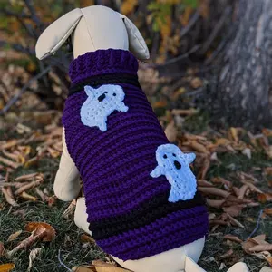 Qiqu 애완 동물 공급 업체 사용자 정의 새로운 디자이너 귀여운 강아지 스웨터 옷 재미 유령 유령 크로 셰 뜨개질 점프 슈트 개 저지 작은 강아지