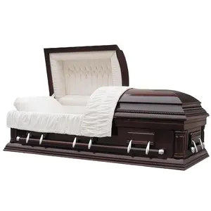 Ataúd de madera de chapa de caoba clásico funerario con bóveda de entierro Interior de terciopelo marfil cama combinada ataúd de cremación de madera y ataúd