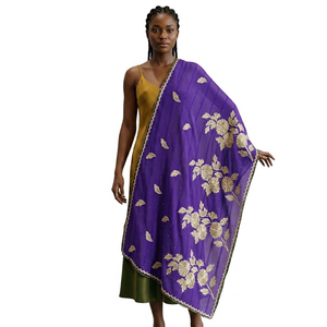 Wholesale Purple <b>Chiffon</b> Floral Embroidery <b>Scarf</b> Women Lightweight Ethnic Shawl Soft Breathable Headscarf Modest Wear OEM Custom - Product Image 1