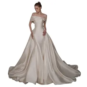 FS056ファッション花嫁ボートネックセクシースリムフィットサテンマーメイドロングトレインウェディングドレス取り外し可能なスカート付き