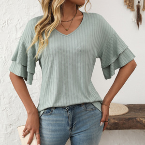Camiseta de Manga Corta con Cuello en V y Manga de Hoja de Loto, Informal, Holgada, Suave, de Color Sólido para Mujer, Primavera Verano - Product Image 6