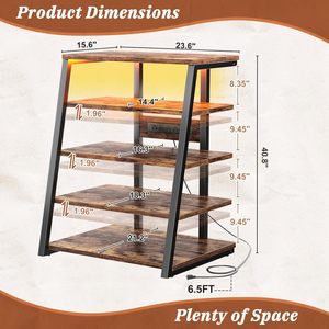 Meuble TV 5 niveaux en bois pour salon avec multiprises, éclairage LED, étagères réglables, support audio robuste et présentoir stéréo - Product Image 6