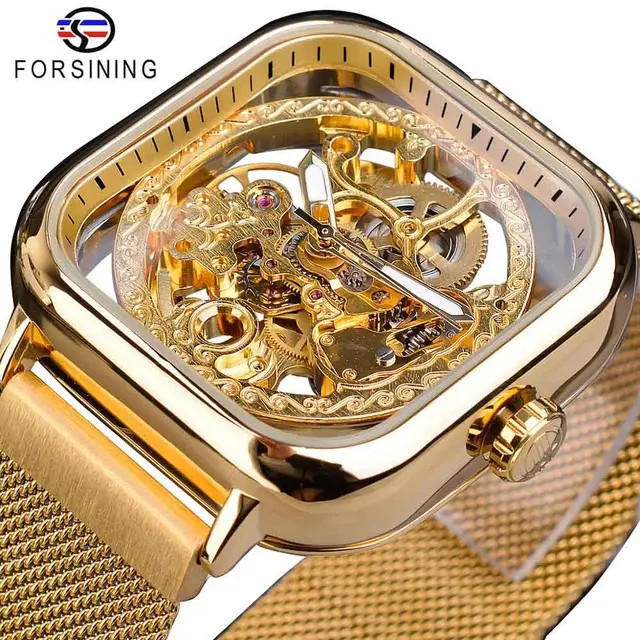 Forsining Watch Mechanical Skeleton Watches Gold Square Transparent Luxury Gold Relogio Masculino Erkek Kol Saati