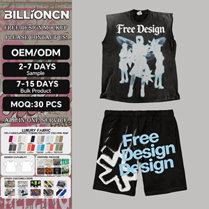 Camiseta sin mangas de punto con estampado de lavado ácido informal de verano para hombre, conjunto de pantalones cortos de algodón 100%, pantalones cortos de sudor con estampado personalizado - Product Image 1