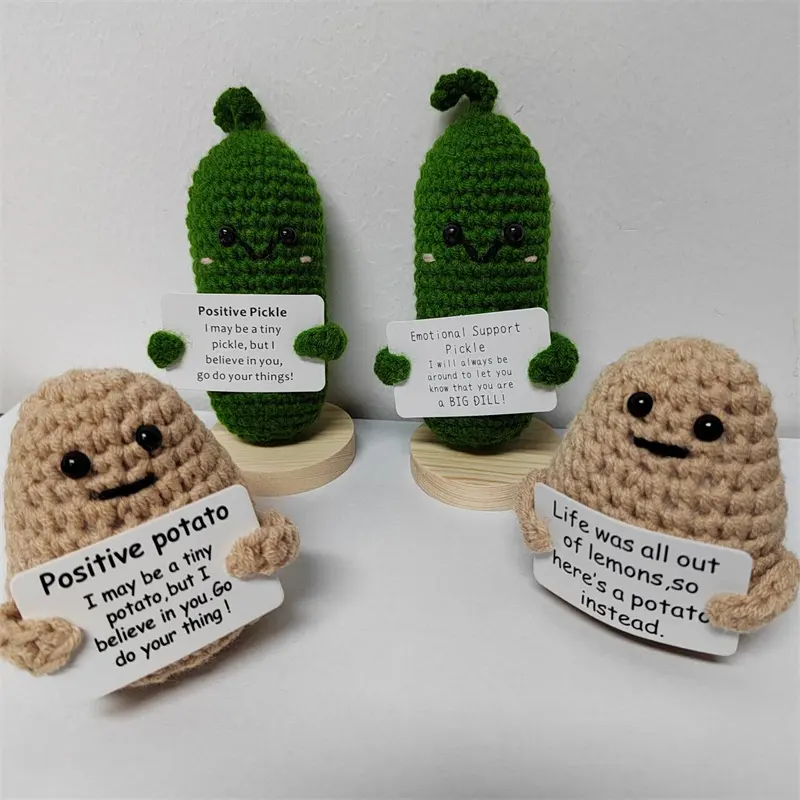 Cheer Gifts Crochet Positive Potato Affirmation Cards Pickled Cucumber Knit Crochet Emotional Support Pickle Doll Toy