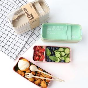 Travel Student School 3 Layer Lunch Box Stackable Compartment Wheat Straw Bento Lunch Box
