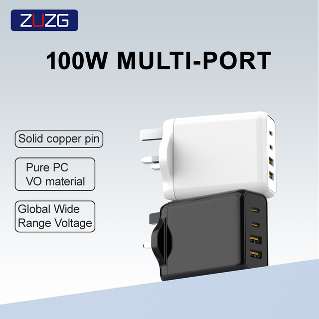 ZUZG 100W 4-Port Dual Type-C & USB QC3.0 Fast Charging Travel Adapter UK Plug Fireproof Design CE/FCC Certified Portable Charger