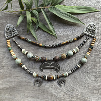 Collier rétro à 3 rangs avec perles de culture slavie classiques, œil de tigre, pendentif viking, bijoux tribaux, bijoux ethniques