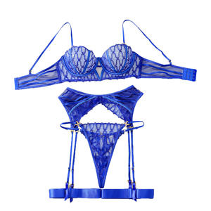 Lingerie bordir wanita Royal Blue seksi pakaian dalam wanita perspektif Slim Fit terbelah Set Bra wanita tembus pandang - Product Image 5