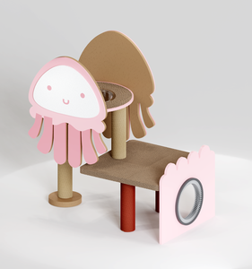 Casetta per gatti e torre in cartone ondulato a tema meduse rosa per arrampicarsi, graffiare e riposare - Product Image 1