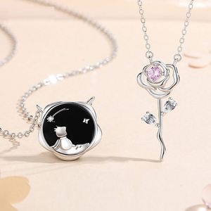S925 Sterling Silver <b>Couple</b> <b>Necklace</b> Boy and Roses Flower Pendant Clavicle Chain <b>Necklace</b> Jewelry for Valentine's Day - Product Image 1