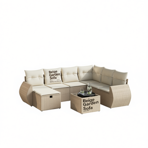 Conjunto de Sofás de Jardín Beige de 6 Plazas, Muebles de Ratán para Exteriores con Almacenamiento, Diseño Contemporáneo - Product Image 1