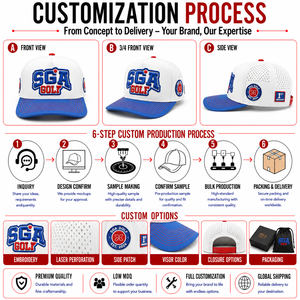 Casquette de golf à cinq panneaux avec emblème brodé 3D, personnalisable OEM, faible MOQ, haute qualité, fermeture Velcro, respirante et légère - Product Image 2